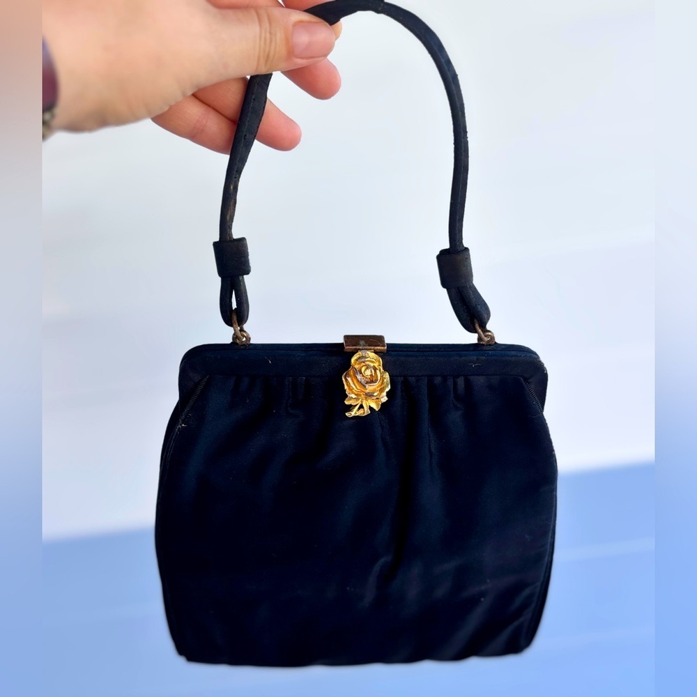 Birks Black Satin Handbag Rose Clasp Gold